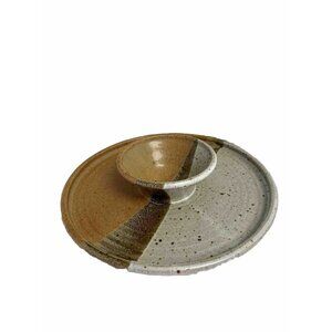 Vintage Glazed Stoneware Pottery Chip Veggie Dip tray dish bowl brown art craft